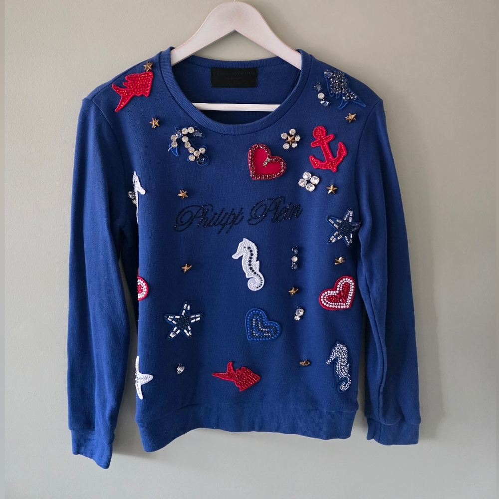 Phillip Plein L Nautical Dopamine Coastal Ocean Embroidered Beaded Artsy Sweater